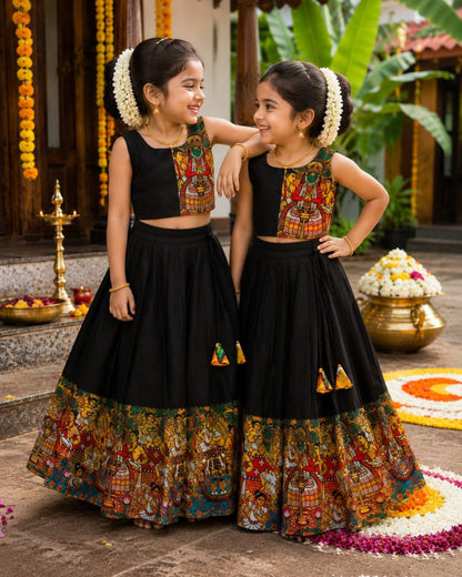 Girls Black Kathakali Print Lehenga Choli