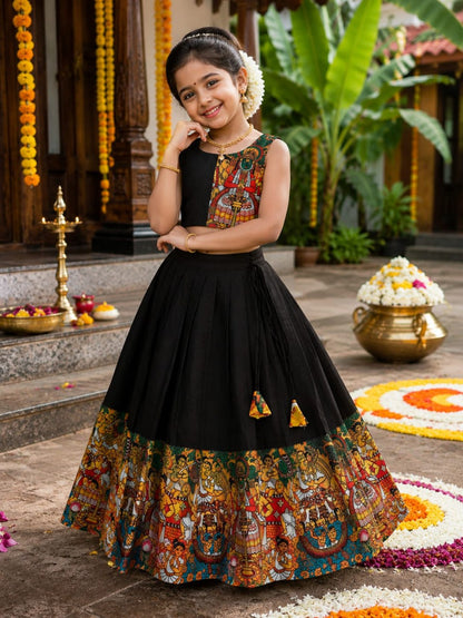 Girls Black Kathakali Print Lehenga Choli