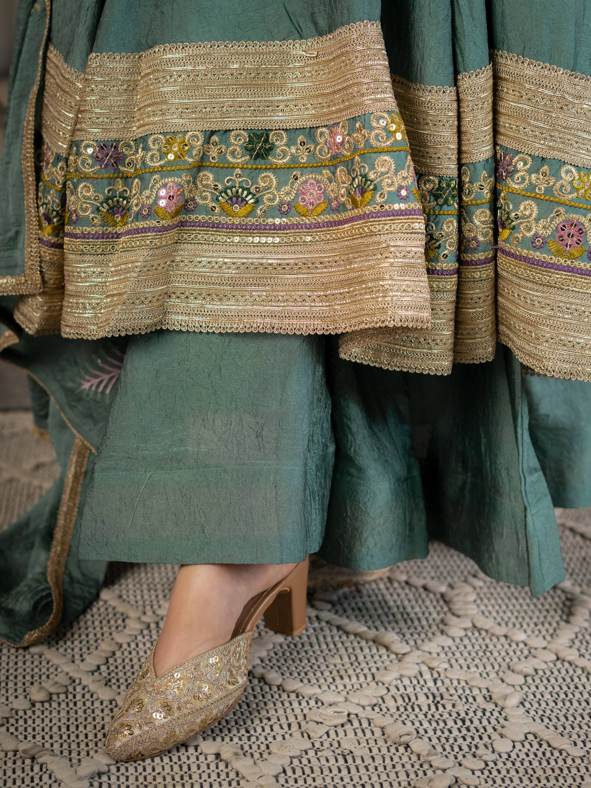 Sage Green Anarkali Gown with Golden Embroidered Border & Multicolour Floral Detailing