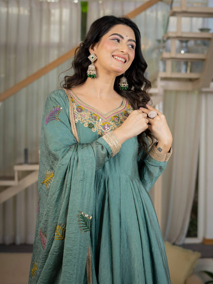 Sage Green Anarkali Gown with Golden Embroidered Border & Multicolour Floral Detailing