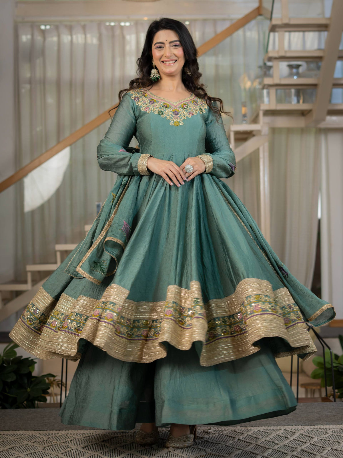 Sage Green Anarkali Gown with Golden Embroidered Border & Multicolour Floral Detailing