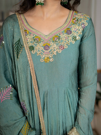 Sage Green Anarkali Gown with Golden Embroidered Border & Multicolour Floral Detailing