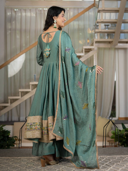 Sage Green Anarkali Gown with Golden Embroidered Border & Multicolour Floral Detailing