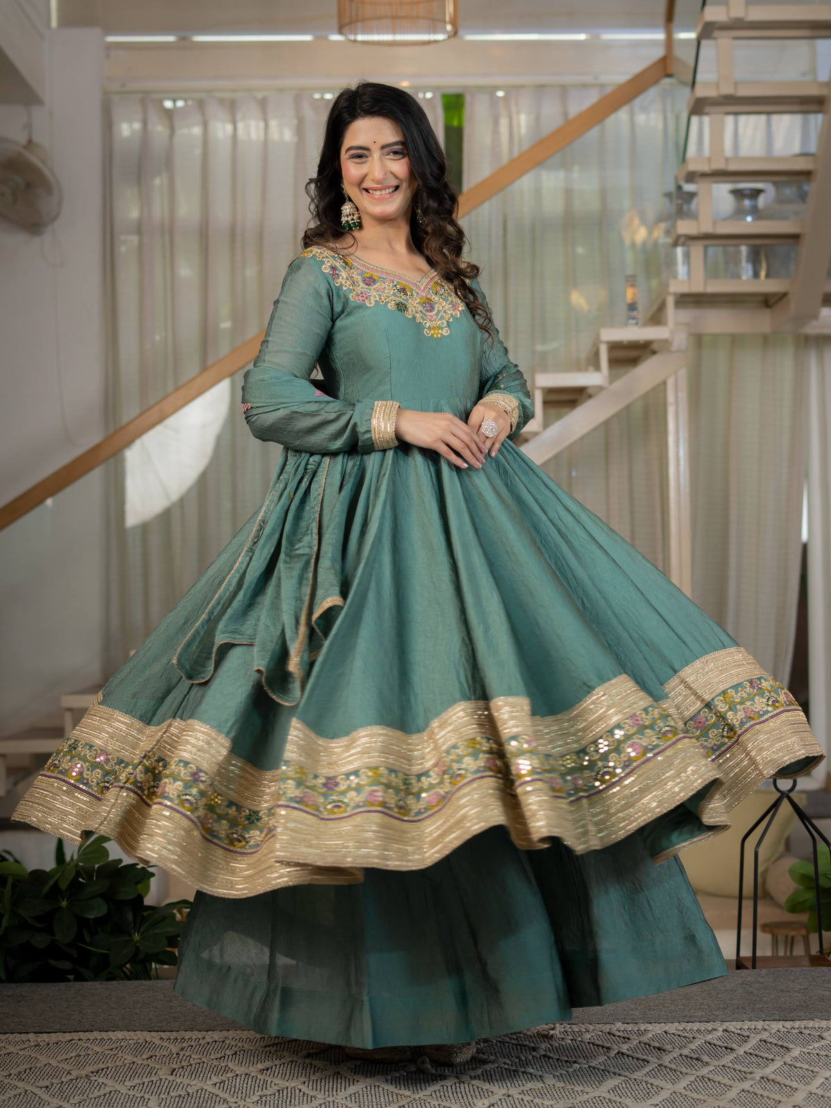Sage Green Anarkali Gown with Golden Embroidered Border & Multicolour Floral Detailing
