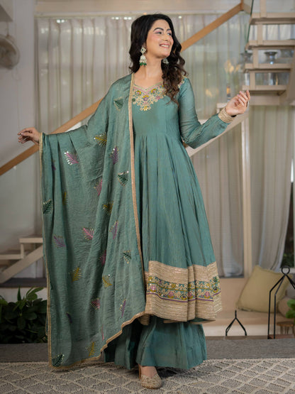 Sage Green Anarkali Gown with Golden Embroidered Border & Multicolour Floral Detailing