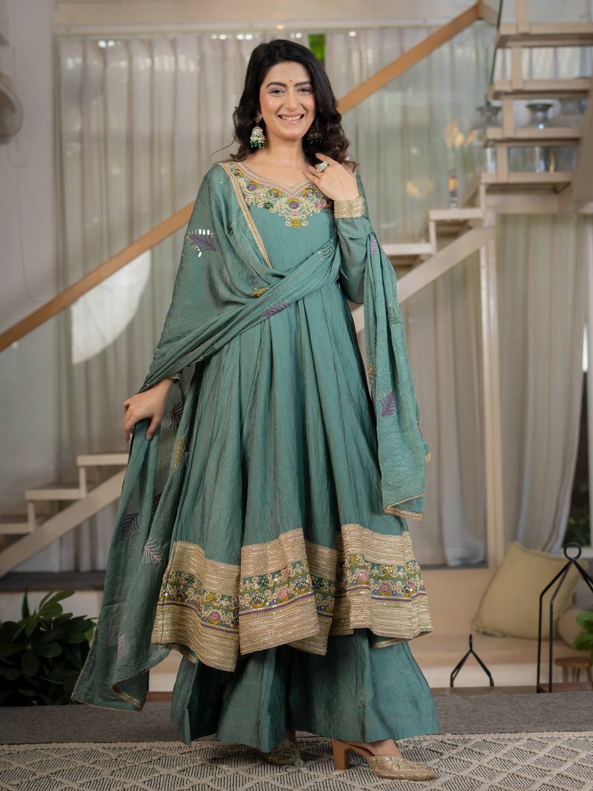 Sage Green Anarkali Gown with Golden Embroidered Border & Multicolour Floral Detailing