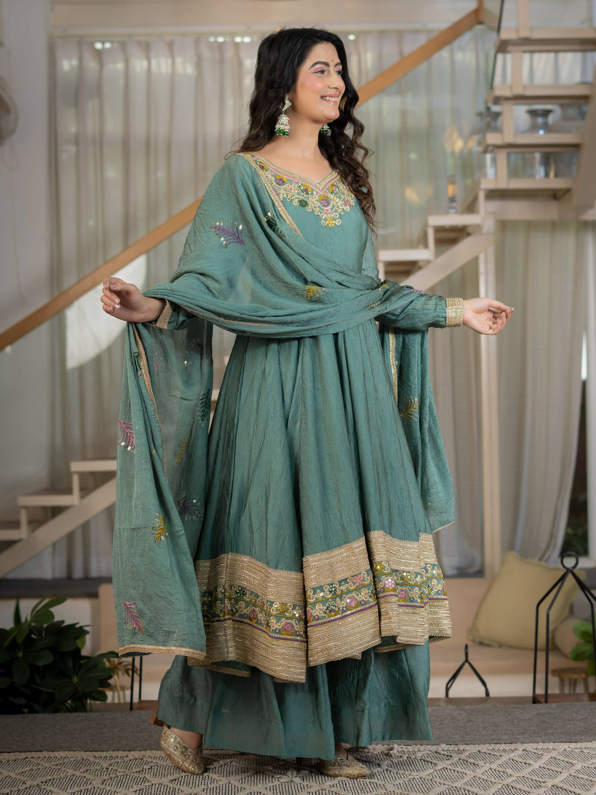 Sage Green Anarkali Gown with Golden Embroidered Border & Multicolour Floral Detailing