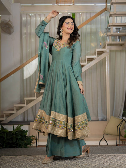 Sage Green Anarkali Gown with Golden Embroidered Border & Multicolour Floral Detailing