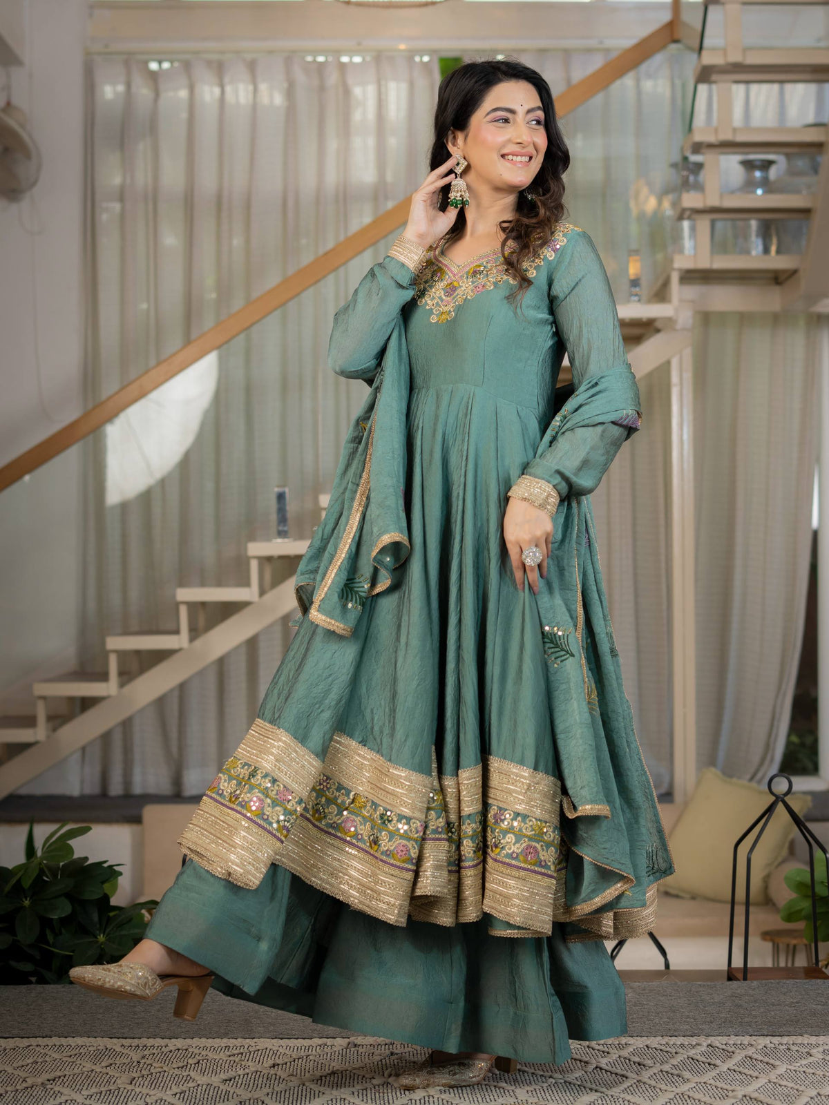 Sage Green Anarkali Gown with Golden Embroidered Border & Multicolour Floral Detailing