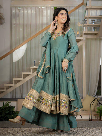 Sage Green Anarkali Gown with Golden Embroidered Border & Multicolour Floral Detailing