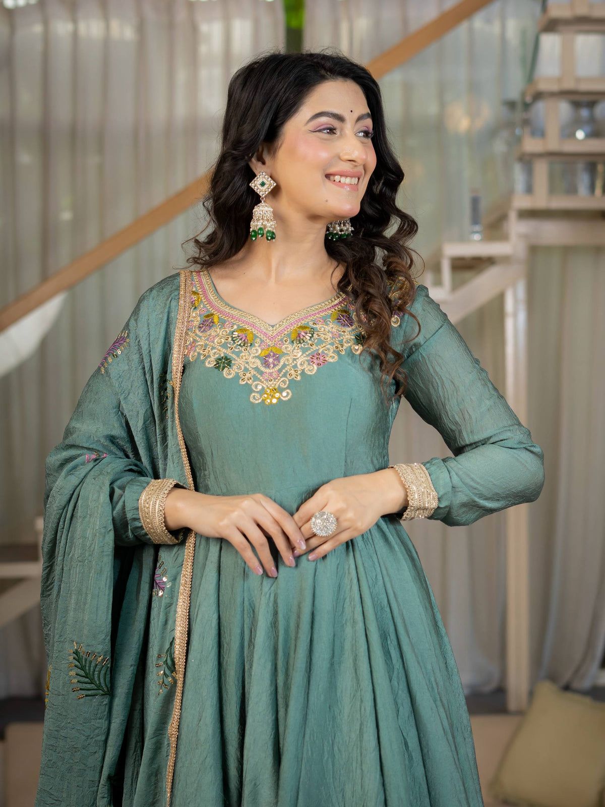 Sage Green Anarkali Gown with Golden Embroidered Border & Multicolour Floral Detailing