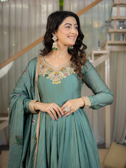 Sage Green Anarkali Gown with Golden Embroidered Border & Multicolour Floral Detailing