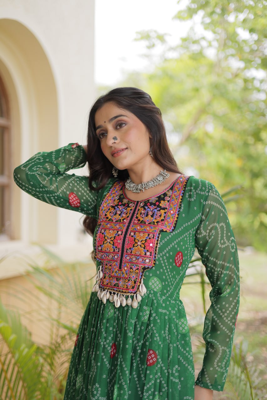 Green Bandhani Print Kutchi Gamthi Patchwork Gown