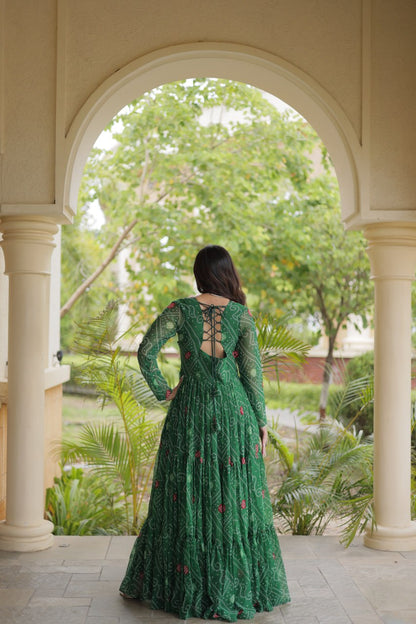 Green Bandhani Print Kutchi Gamthi Patchwork Gown