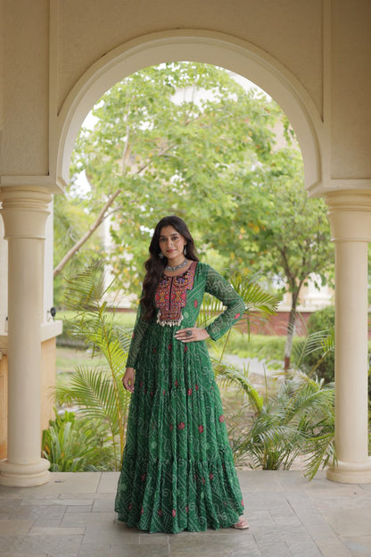Green Bandhani Print Kutchi Gamthi Patchwork Gown