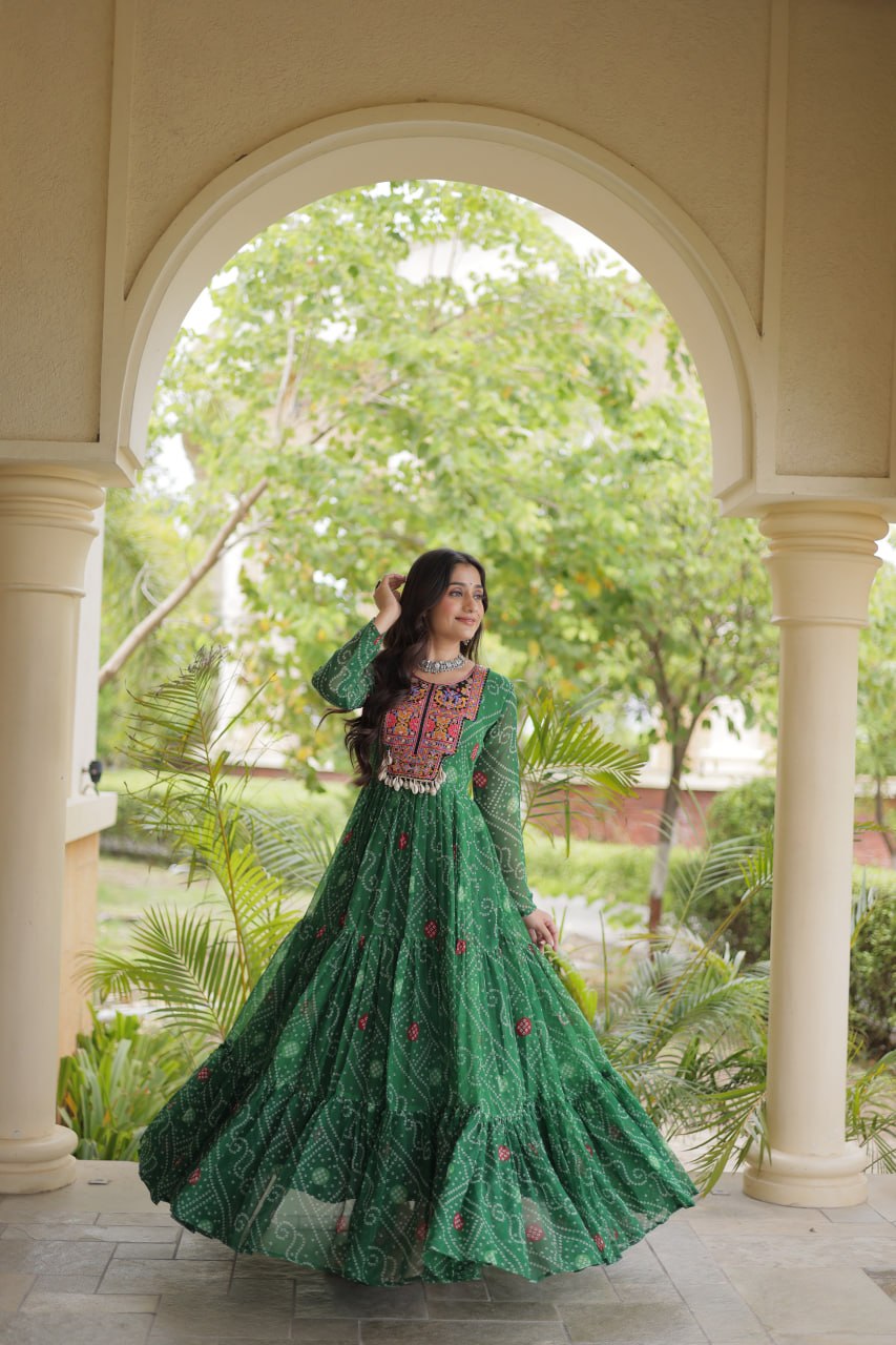 Green Bandhani Print Kutchi Gamthi Patchwork Gown