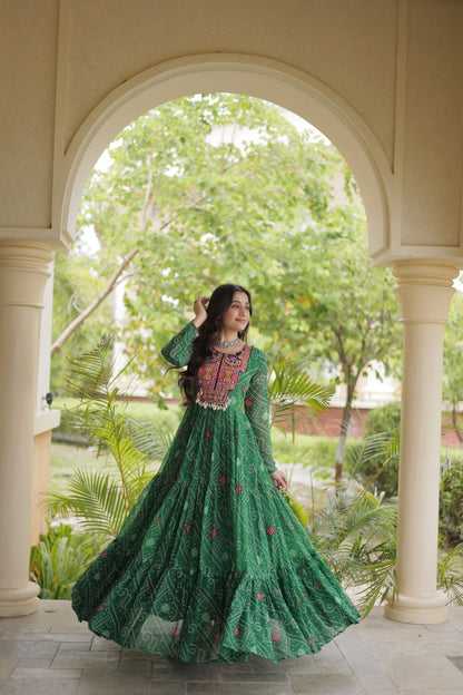 Green Bandhani Print Kutchi Gamthi Patchwork Gown