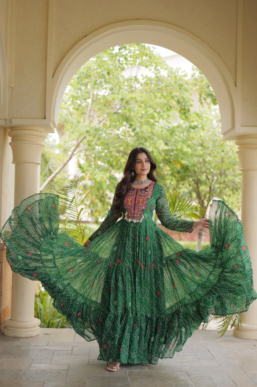Green Bandhani Print Kutchi Gamthi Patchwork Gown