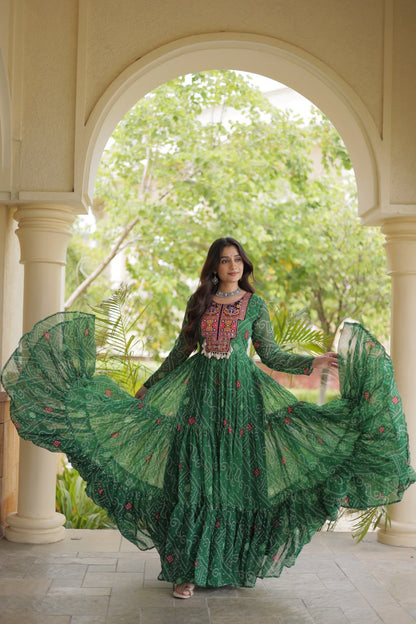 Green Bandhani Print Kutchi Gamthi Patchwork Gown