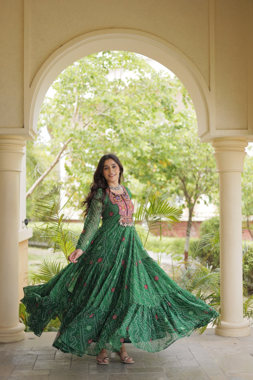 Green Bandhani Print Kutchi Gamthi Patchwork Gown