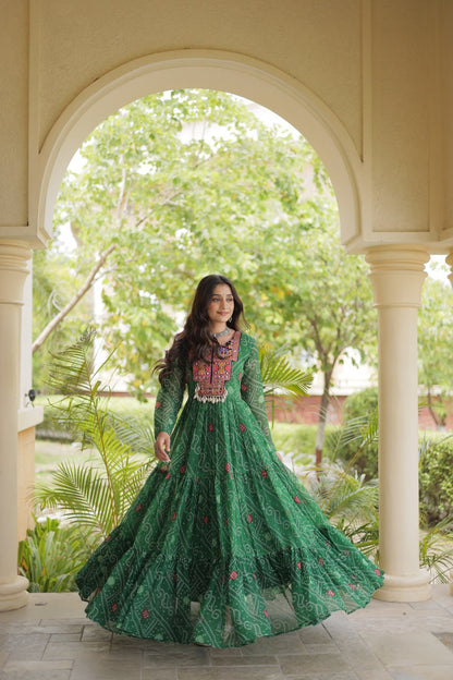 Pink Bandhani Print Kutchi Gamthi Patchwork Gown