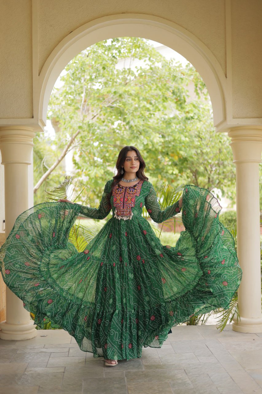 Green Bandhani Print Kutchi Gamthi Patchwork Gown