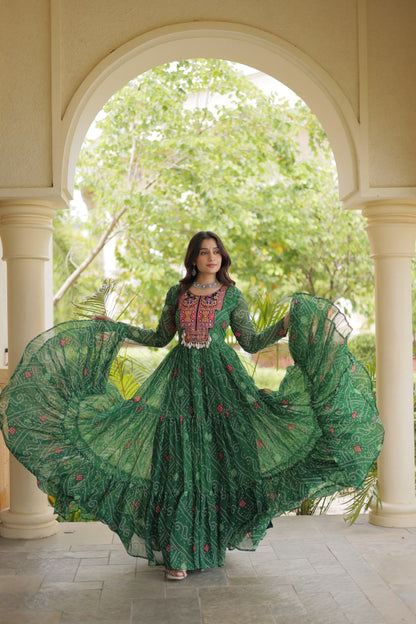 Green Bandhani Print Kutchi Gamthi Patchwork Gown