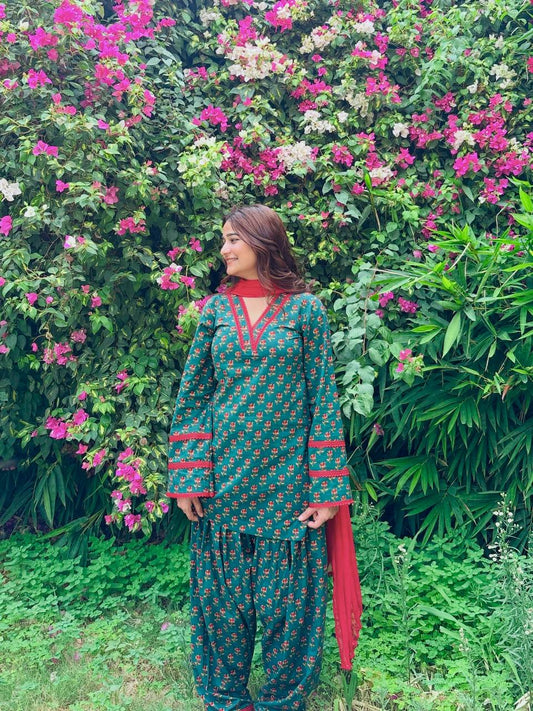 Green Floral Printed Farshi Pant Suit Set with Dupatta
