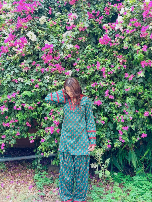Green Floral Printed Farshi Pant Suit Set with Dupatta