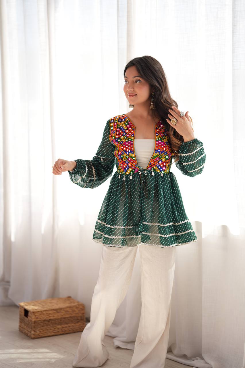 Green Kediya Style Shrug with Gamthi Mirror Work