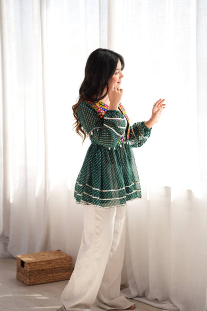 Green Kediya Style Shrug with Gamthi Mirror Work