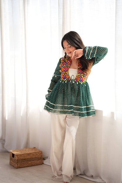 Green Kediya Style Shrug with Gamthi Mirror Work
