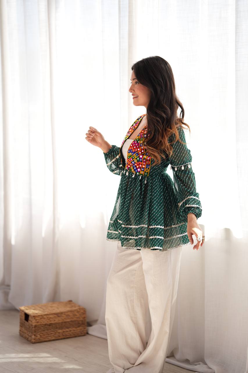 Green Kediya Style Shrug with Gamthi Mirror Work