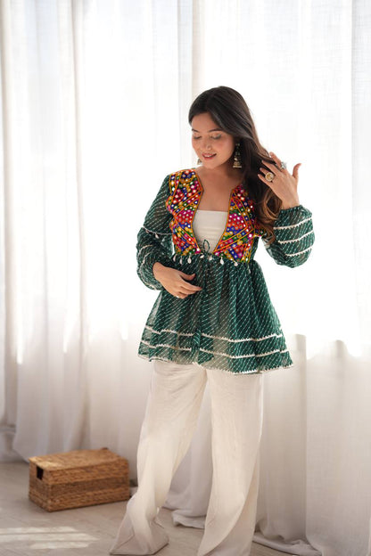 Green Kediya Style Shrug with Gamthi Mirror Work