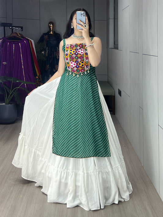 Green Leheriya Kurti with White Rayon Cotton Frill Lehenga