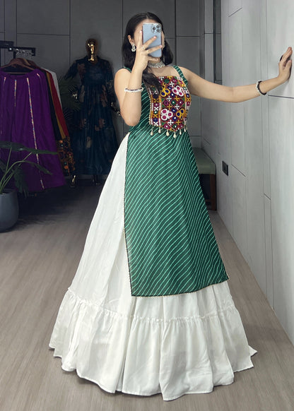 Green Leheriya Kurti with White Rayon Cotton Frill Lehenga