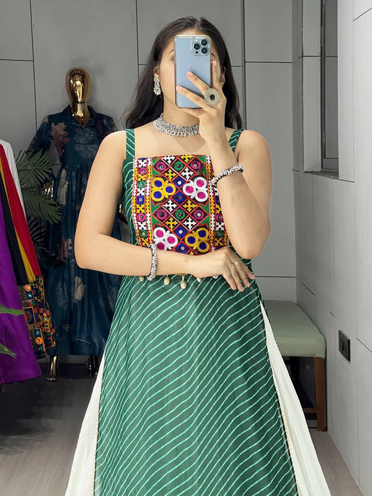 Green Leheriya Kurti with White Rayon Cotton Frill Lehenga