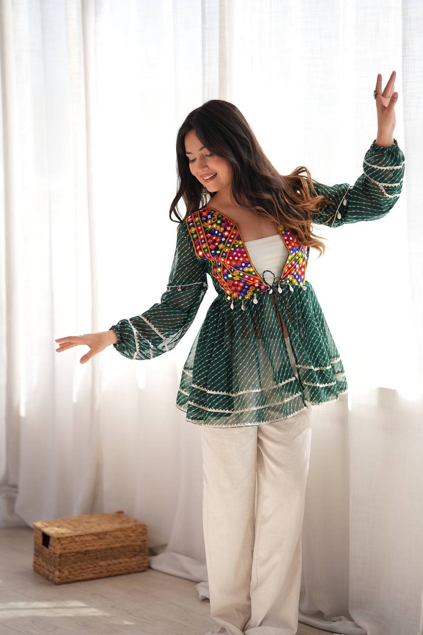 Blue Kediya Style Top with Gamthi Mirror Work
