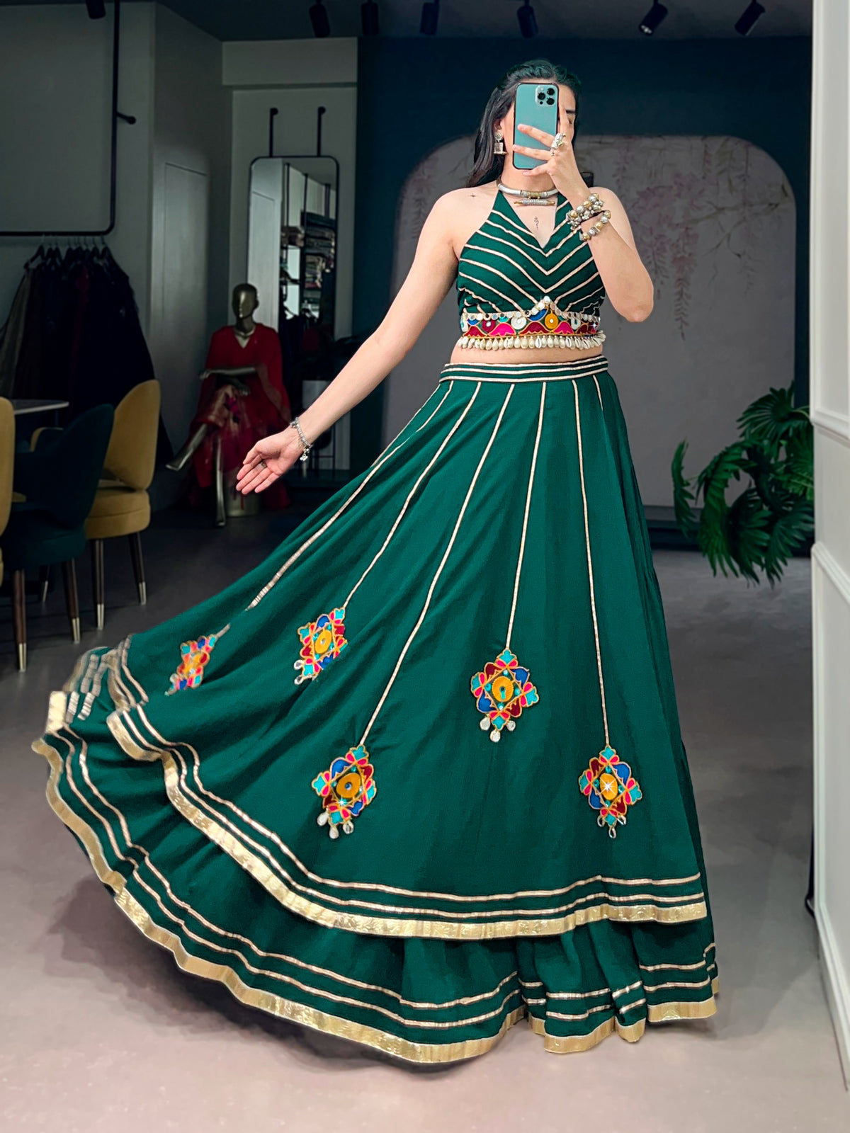 Designer Green Garba Lehenga Choli for Navratri Festival