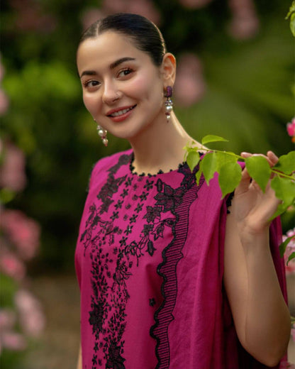 Hania Aamir inspired Magenta Roman Silk Embroidered Suit with Georgette Dupatta