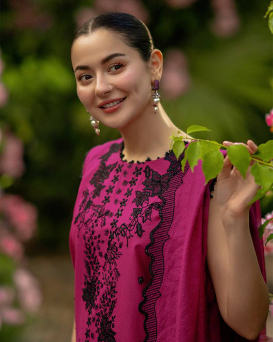 Hania Aamir inspired Magenta Roman Silk Embroidered Suit with Georgette Dupatta