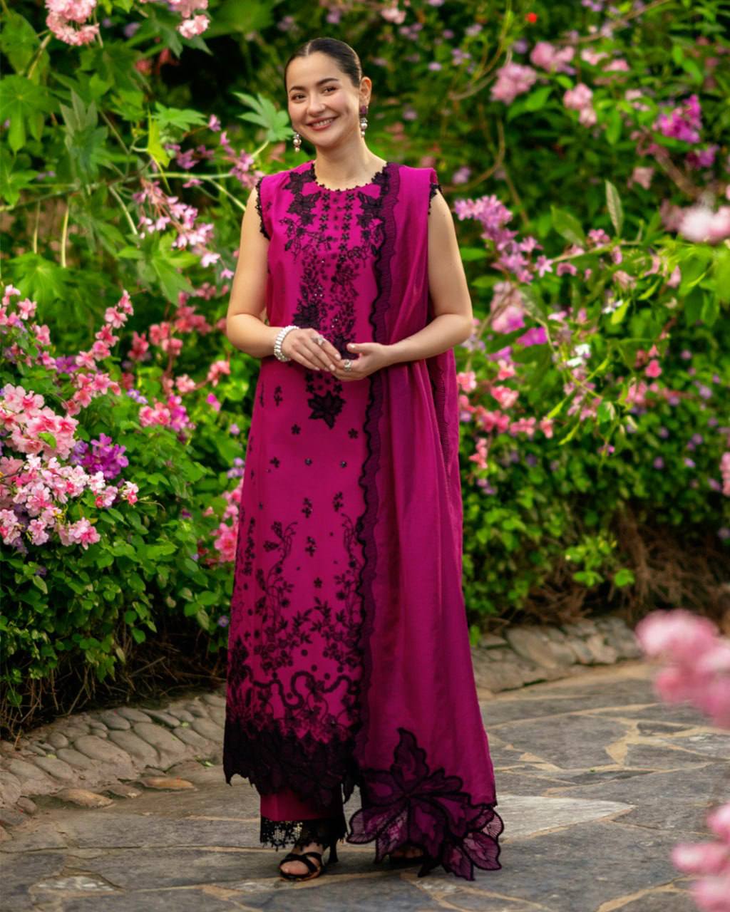 Hania Aamir inspired Magenta Roman Silk Embroidered Suit with Georgette Dupatta