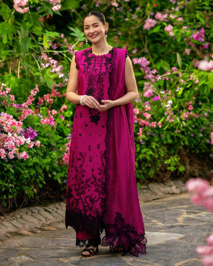 Hania Aamir inspired Magenta Roman Silk Embroidered Suit with Georgette Dupatta