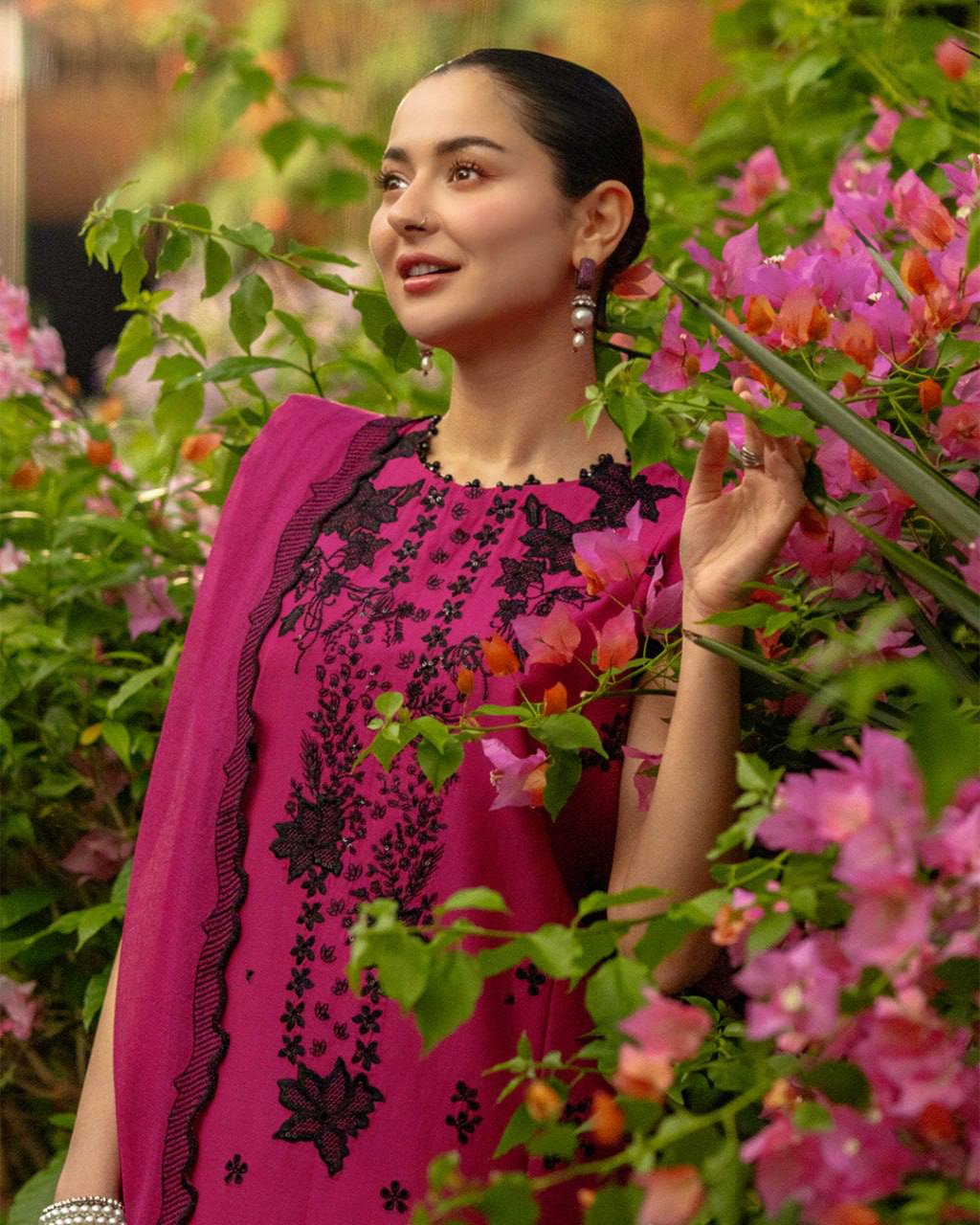 Hania Aamir inspired Magenta Roman Silk Embroidered Suit with Georgette Dupatta