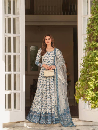 Hania Aamir Inspired Elegant White & Blue Floral Anarkali Gown with Dupatta