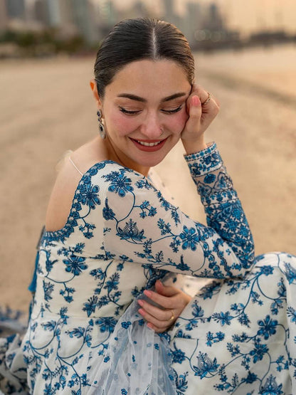 Hania Aamir Inspired Elegant White & Blue Floral Anarkali Gown with Dupatta