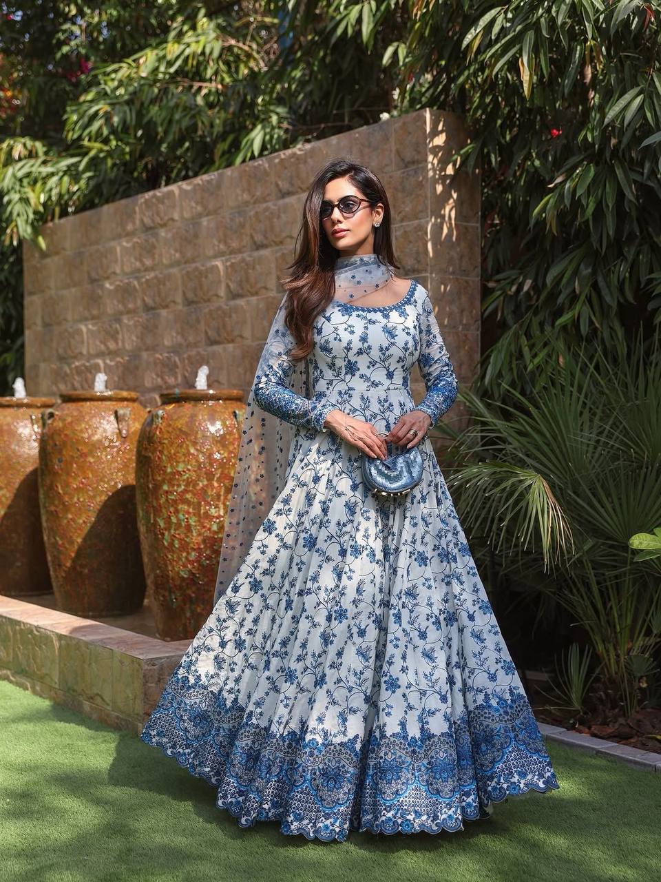 Hania Aamir Inspired Elegant White & Blue Floral Anarkali Gown with Dupatta