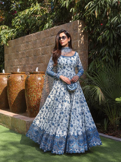 Hania Aamir Inspired Elegant White & Blue Floral Anarkali Gown with Dupatta
