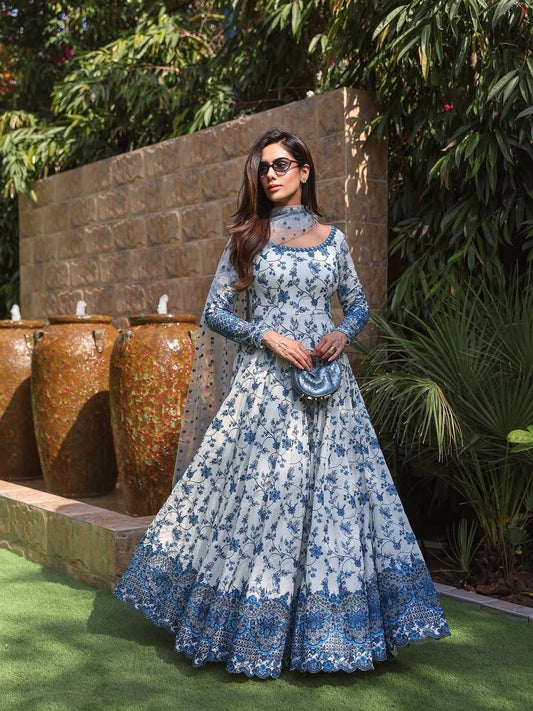 Hania Aamir Inspired Elegant White & Blue Floral Anarkali Gown with Dupatta