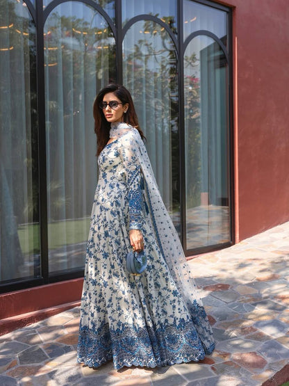 Hania Aamir Inspired Elegant White & Blue Floral Anarkali Gown with Dupatta
